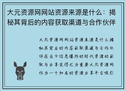 大元资源网网站资源来源是什么：揭秘其背后的内容获取渠道与合作伙伴